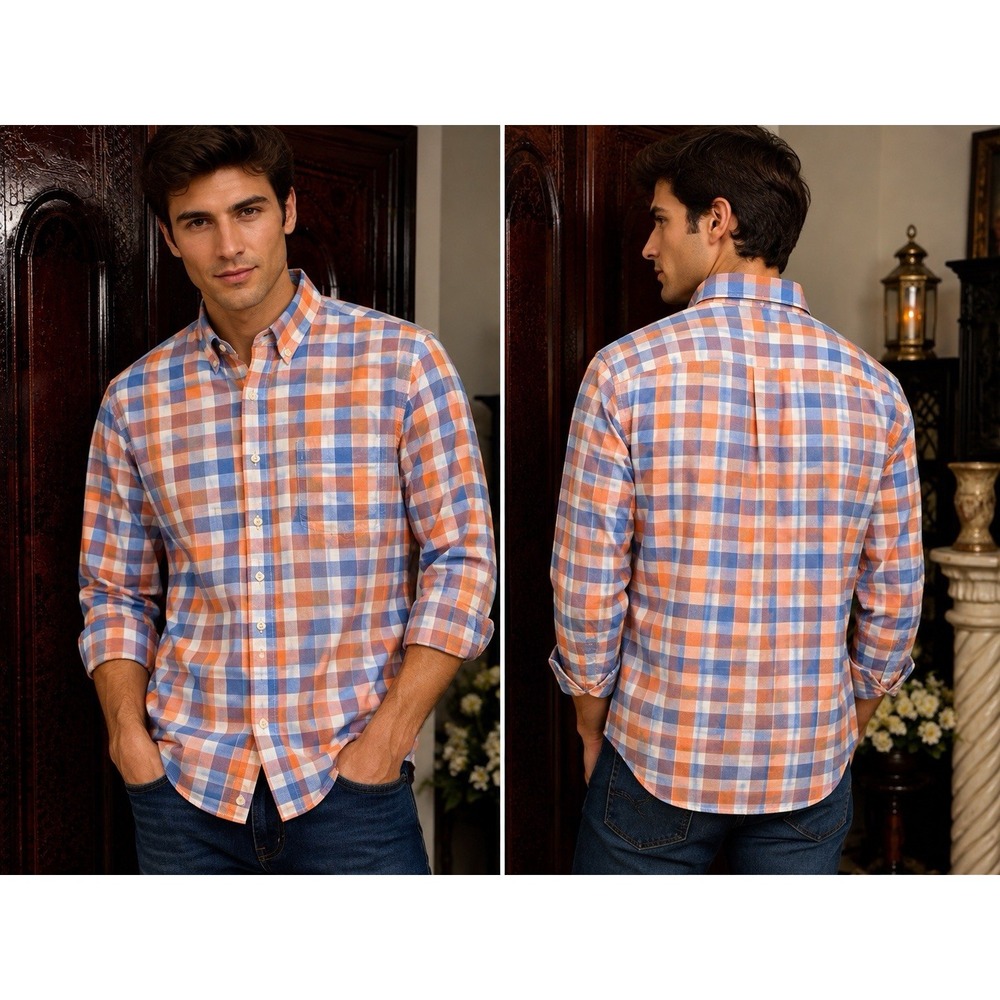Croft & Barrow Mens True Comfort Stretch Plaid Button-Down Orange Blue 15½ 32/33